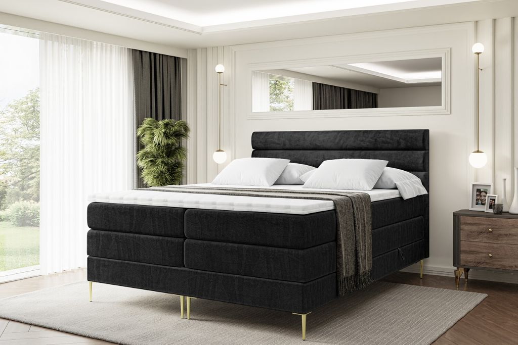 ALTDECOR Boxspringbett mit Gold Füßen, Matratze und Lattenrost, Topper, Polsterbett mit Bettkasten, Bett mit Stauraum H3- und H4- Matratze, Doppe...