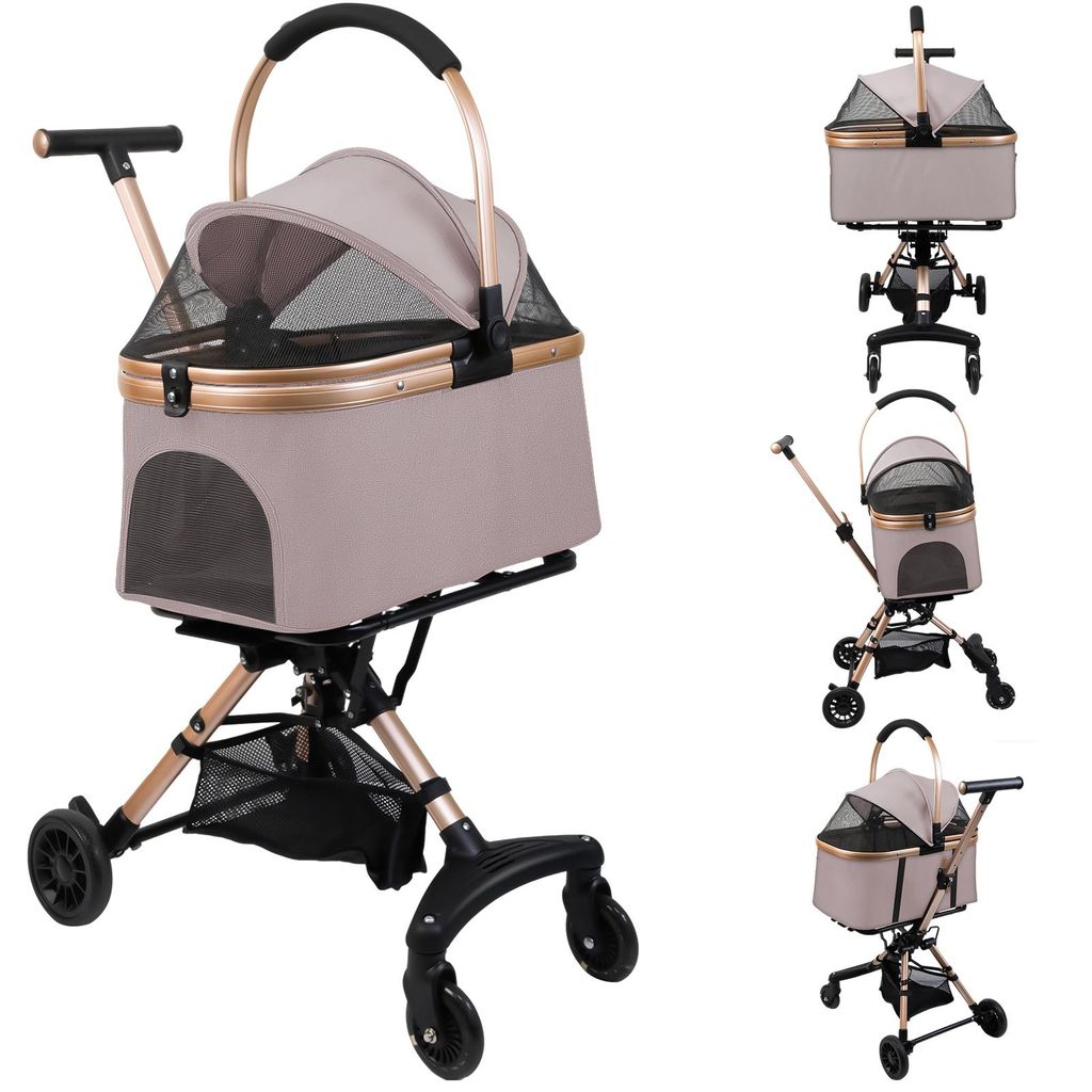 2 in 1 Hundebuggy Hundebox Faltbar Katzenbuggy mit Netzfenstern Aufbewahrungskorb Rosa