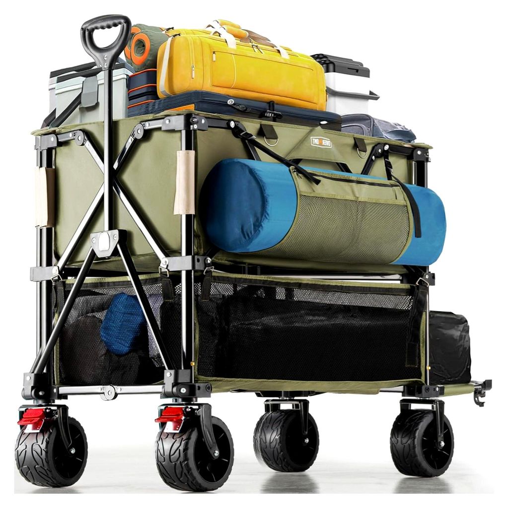 Doppeldecker Bollerwagen - Faltbarer Gerätewagen - mit geländegängigen breiten Rädern und verstellbarem Griff, 400l Fassungsvermögen bis 150kg...
