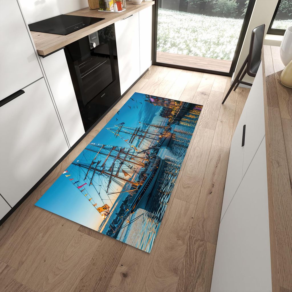 Küchenteppich 90x180cm rutschfest & abwischbar PVC Läufer - Schiffe im Hafen