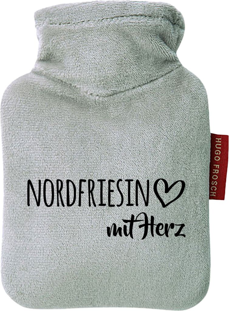 Huuraa Mini-Wärmflasche Nordfriesin mit Herz 0,2 Liter Grey Mini Veloursbezug Taschenwärmer Geschenkidee