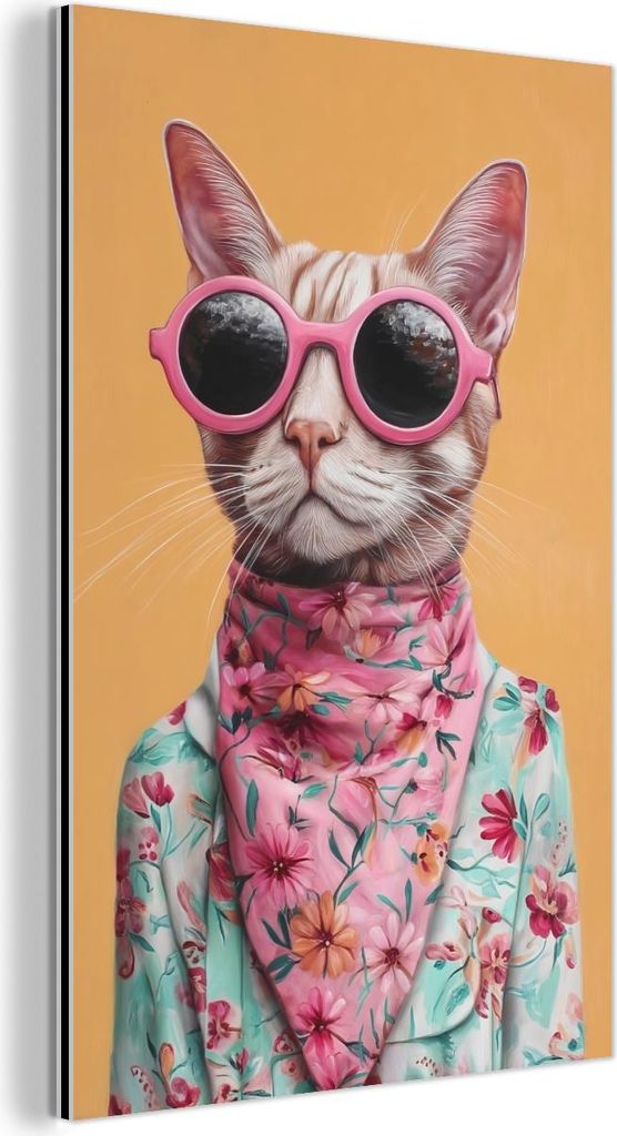 MuchoWow Wanddekoration Metall Metallbild Wandkunst 20x30 cm Sonnenbrille - Katze - Halstuch - Blumen MuchoWow Aluminium Gemälde - Alu Dibond Bild