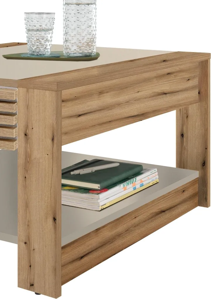 Table basse 70x70 cm tiroir coulissant bois Chêne Evoke et Cachemire
