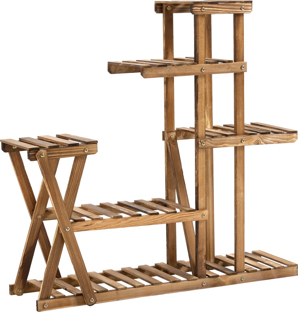 Outsunny Pflanzenständer, Pflanzenregal mit Holzfüßen, Blumenregal mit 5 Ebenen, Belastung 60 kg, für drinnen und draußen, Terrasse, Garten, B...