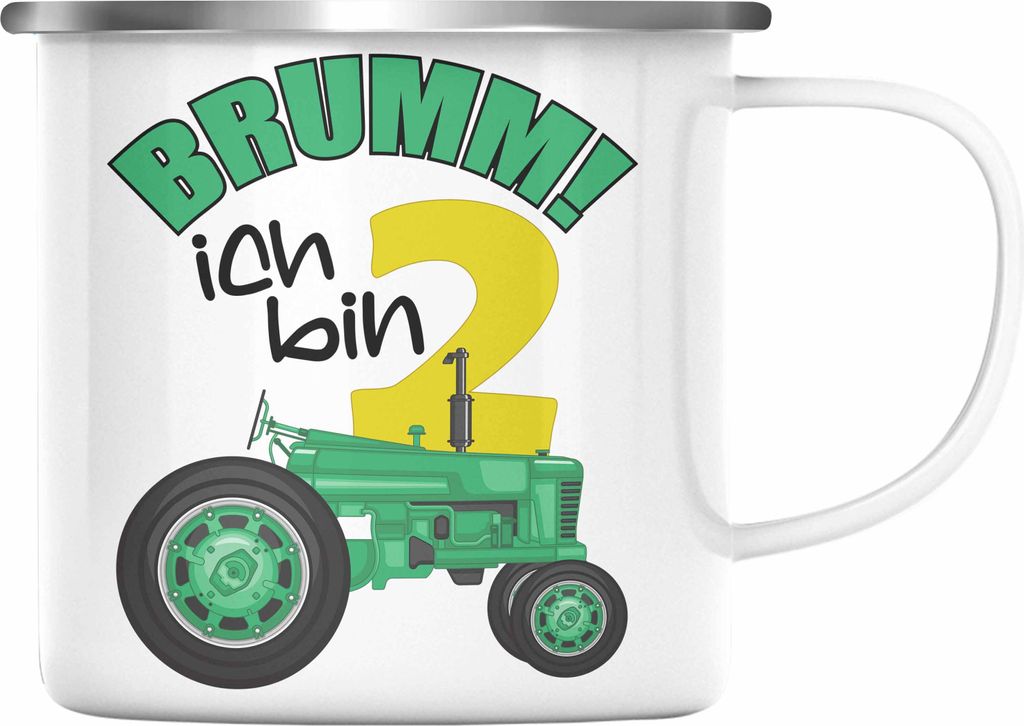 Trendation - 2. Geburtstag Emaille Tasse Geschenk Becher Zweiter Bday Geschenkidee 2 Jahre Alt Baby Junge Jungs KakaoEmaille Tasse Traktor (Silber)