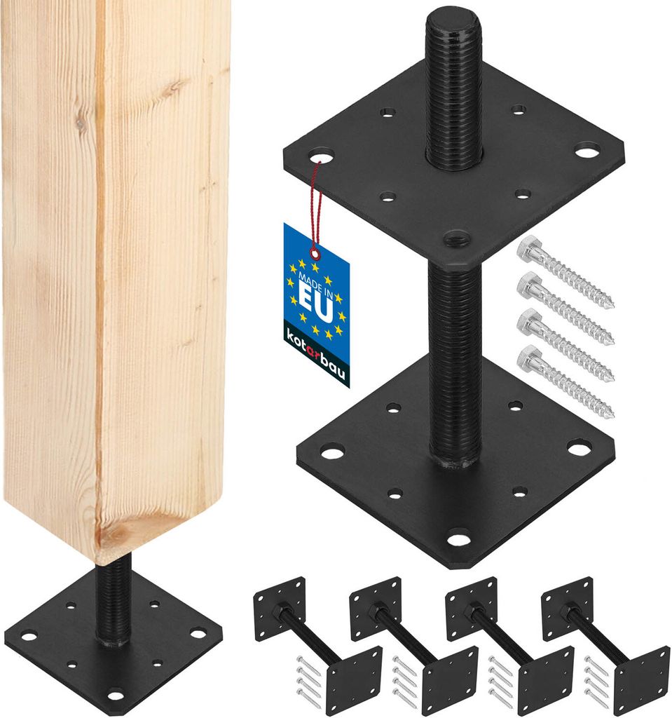 A wooden post is shown attached to a metal adjustable post base, with additional post bases and screws displayed separately.