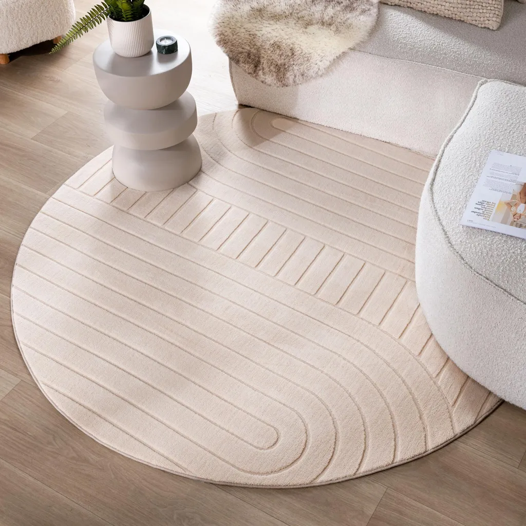 Tapis Rond Beige Effet Marbre 80 cm - Décoration Sol Moderne Volero