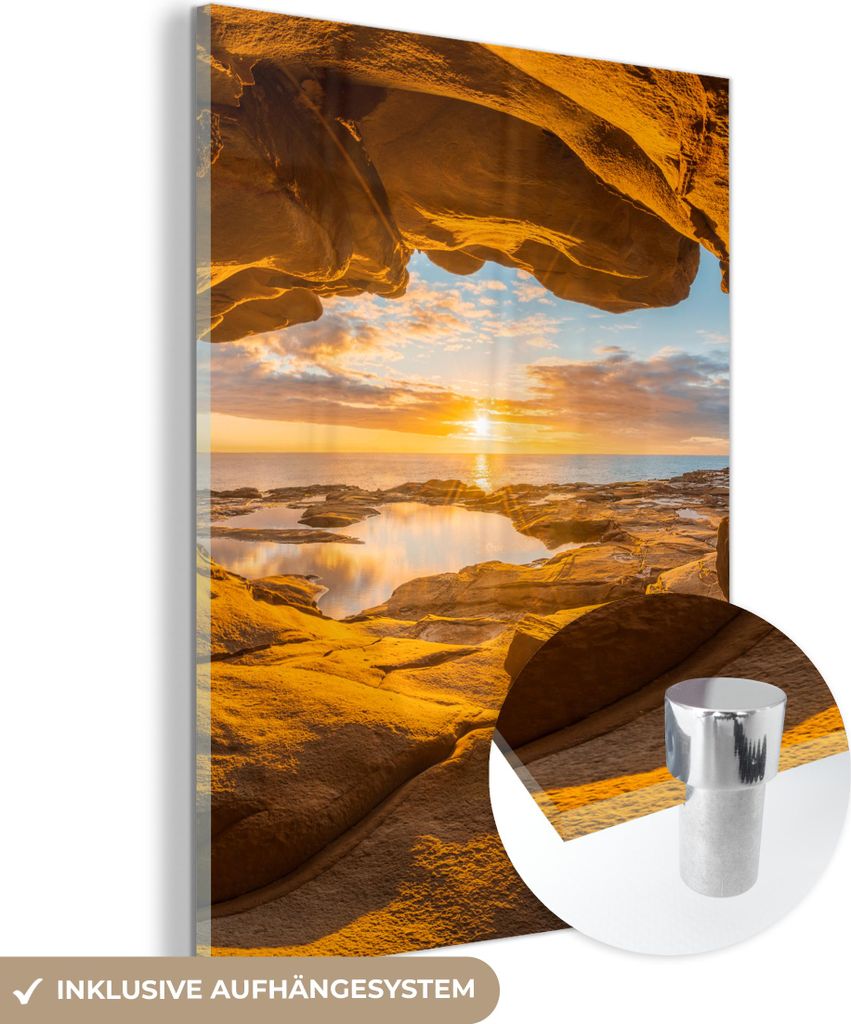MuchoWow Glasbilder - Bilder auf Wandbild - Foto auf Glas Höhle - Meer - Horizont - Sonnenuntergang 60x80 cm Wanddekoration aus Glas - Acrylglasbi...