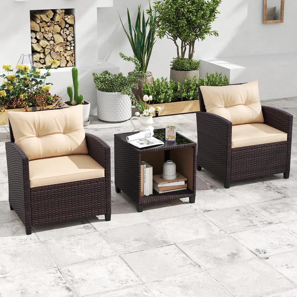 Meuble de Balcon en Rotin Résistant avec Table et Fauteuils Ergonomiques