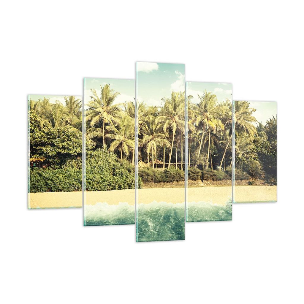 Bilder auf glas - 5 Teile - Natur Strand Palmen - 150x100cm - Glasbilder - Wandbilder - Bilder - zum Aufhängen bereit - Wanddekoration aus Glas - ...