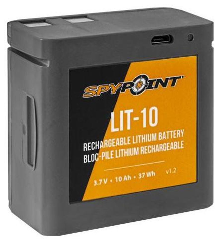 A studio shot of a Spypoint LIT-10 rechargeable lithium battery pack.