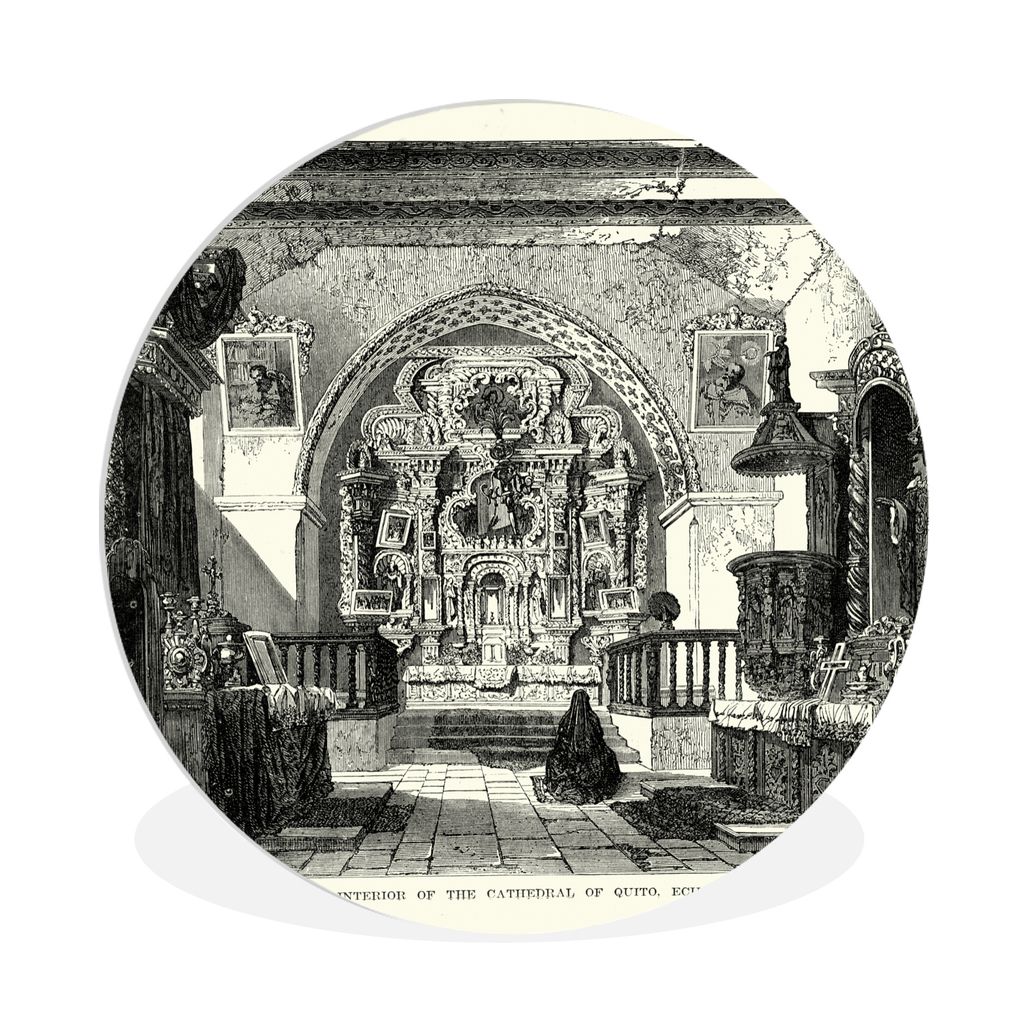 MuchoWow Rundes Wandbild - Runde Bilder Schwarz-Weiß-Abbildung der Kathedrale in Quito, Ecuador Ø 30 cm Kreis Wanddekoration Kunststoff - Wandk...