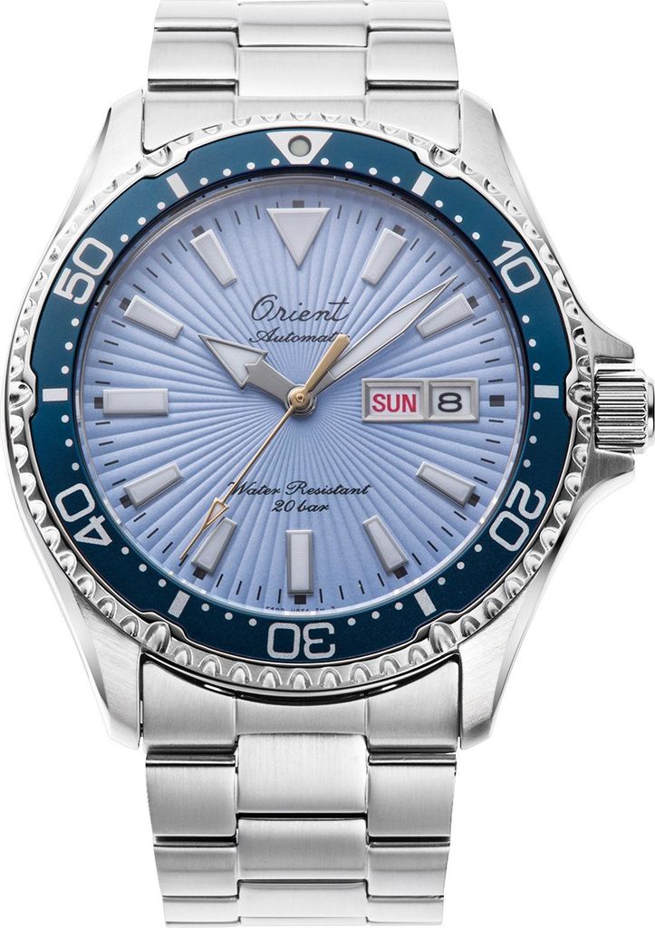 A close-up studio shot of an Orient automatic watch with a silver metal band and a blue dial.