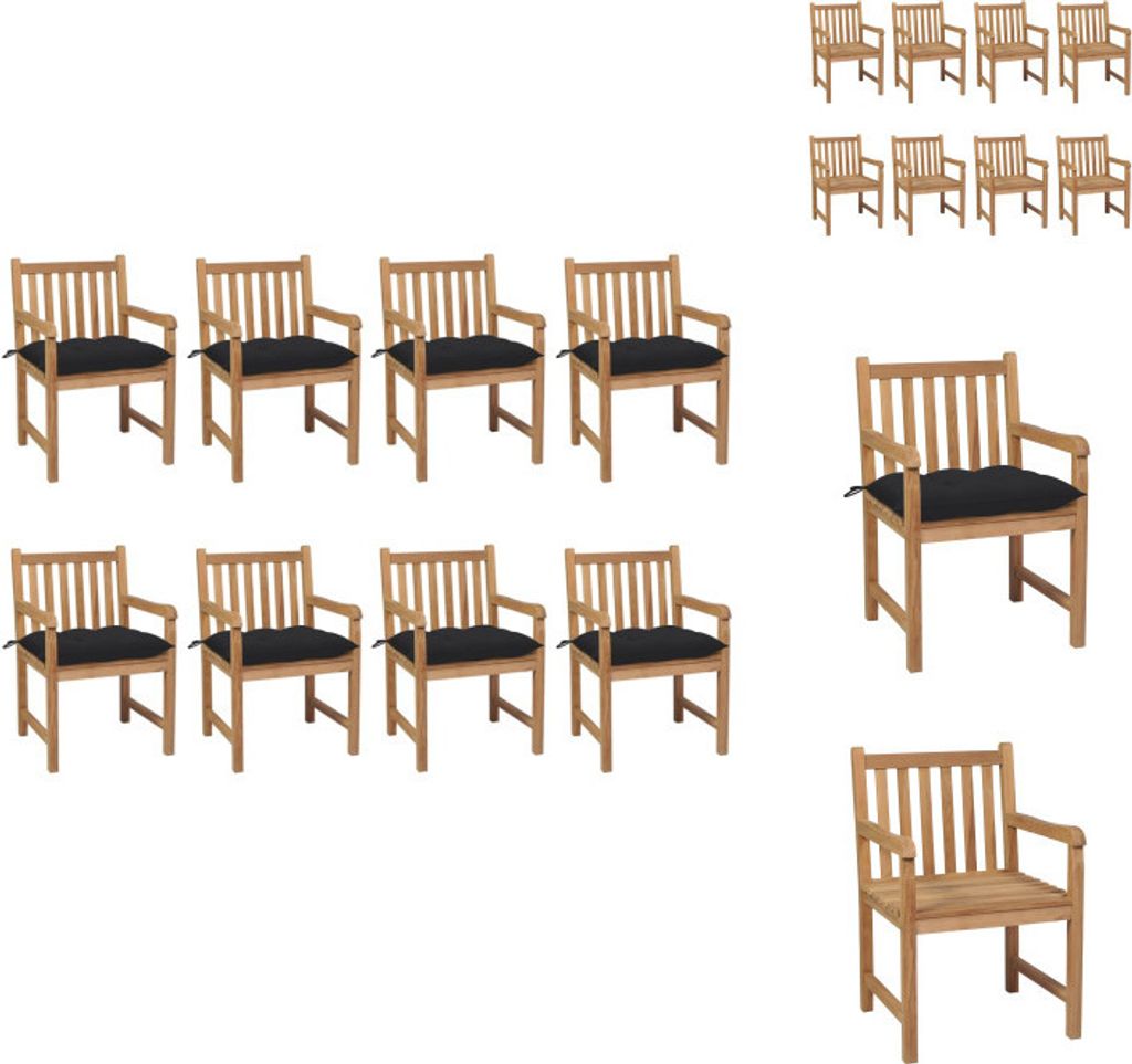 vidaXL Gartenstühle 8 Stk. mit Schwarzen Kissen Massivholz Teak - Gartenstühle