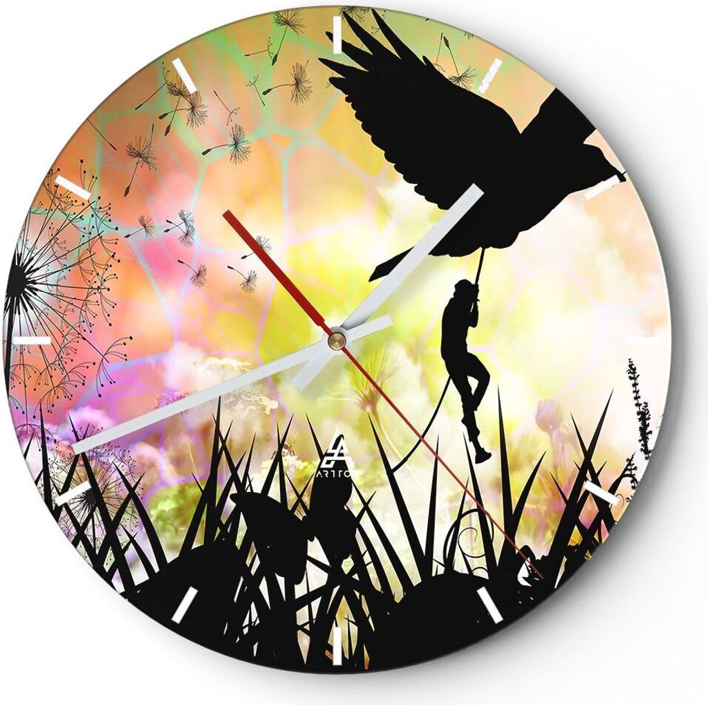 Wanduhr - Rund - Glasuhr - künstlerisch Charakter Wolke Blume - 40x40cm - Schleichendes Uhrwerk - Lautlos - zum Aufhängen bereit - Dekoration Mod...