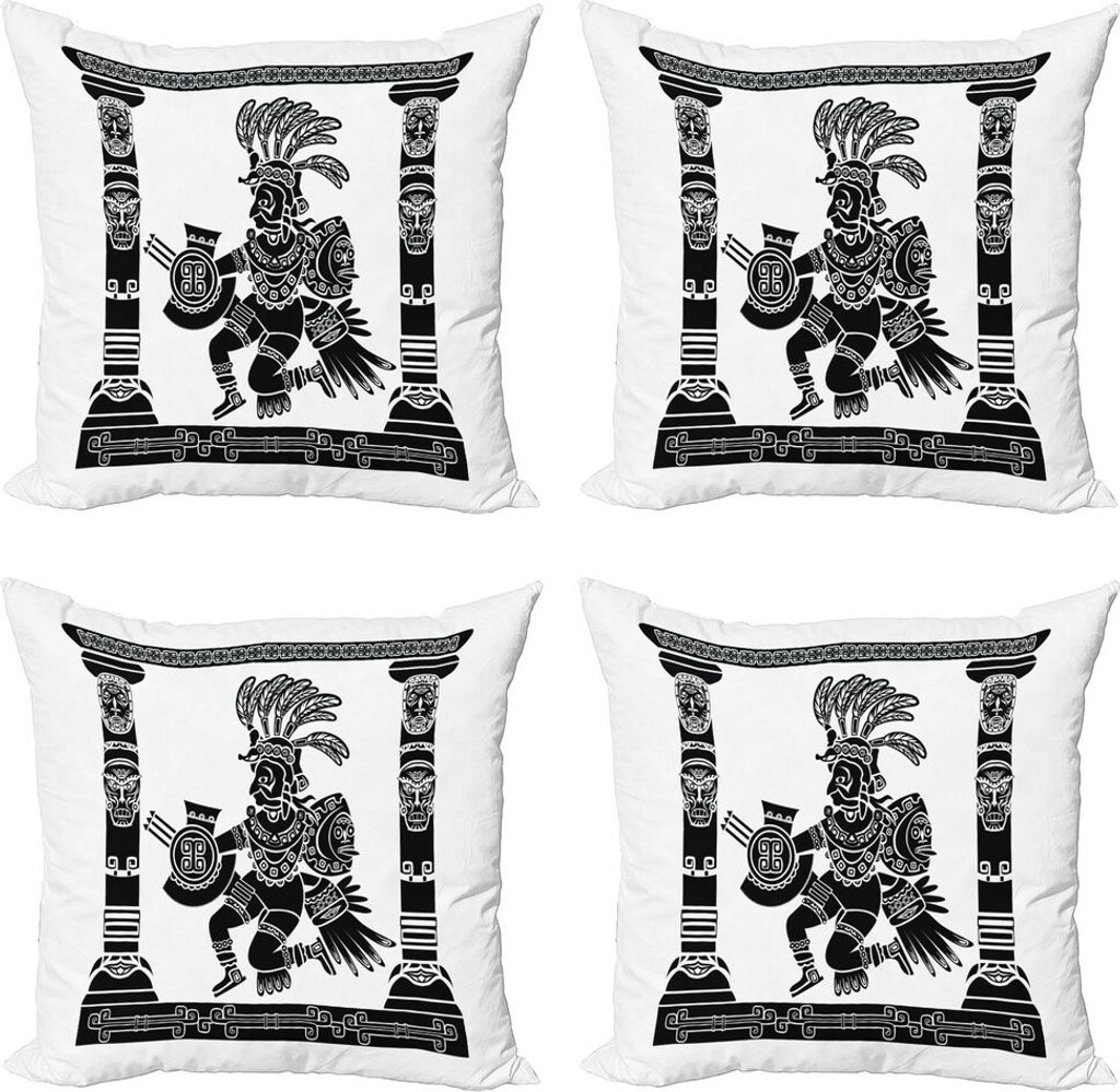 ABAKUHAUS aztekisch Kissenbezug Set (4 Stück), monchrome Man, Moderner Doppelseitiger Digitaldruck, 60 cm x 60 cm, Weiß und Schwarz