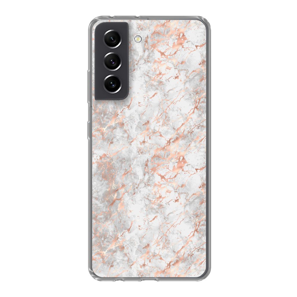 MuchoWow Handyhülle Schutzhülle Hülle für Samsung Galaxy S21 FE Roségold - Marmor - Weiß - Gemustert Silikon Softcase Handy Hülle - Mobilt...