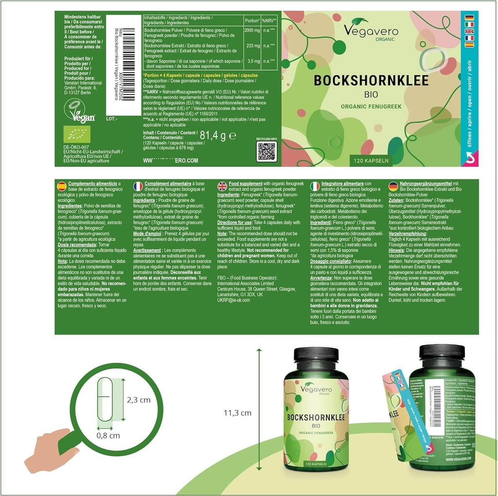 Vegavero Bockshornklee | 120 Kapseln | -Qualität aus Europa und Indien | vegan