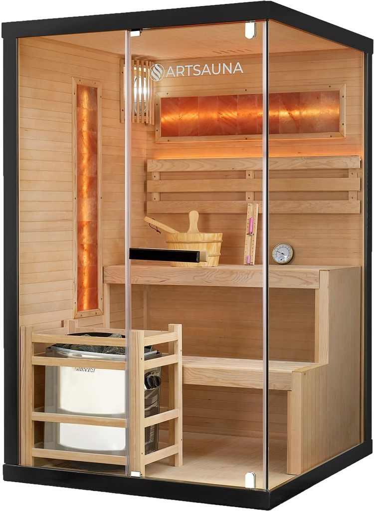 Artsauna Saunakabine Vantaa 120 mit Salzstein - Indoor Sauna 2 Personen - 3,5kW Ofen, Glasfront, LED Licht, Thermometer & Sanduhr - Komplett Set