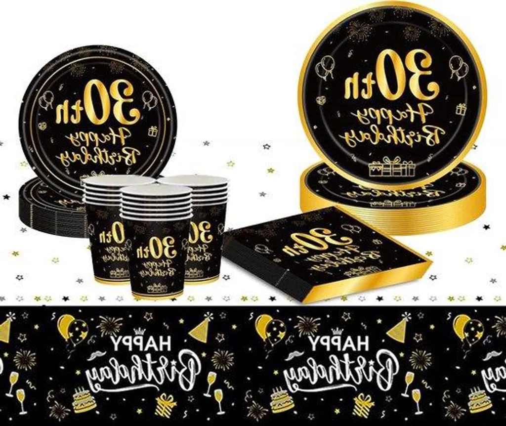Déco anniversaire 30 ans noir et or - Kit vaisselle papier haute qualité