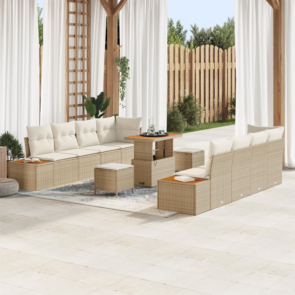 Desgin 11-teiliges Garten Sofa Set mit Kissen Beige Poly Rattan Akazie - Gartensofas 3364841