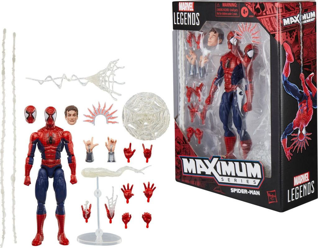 A Spider-Man action figure in its packaging, along with its accessories displayed separately.
