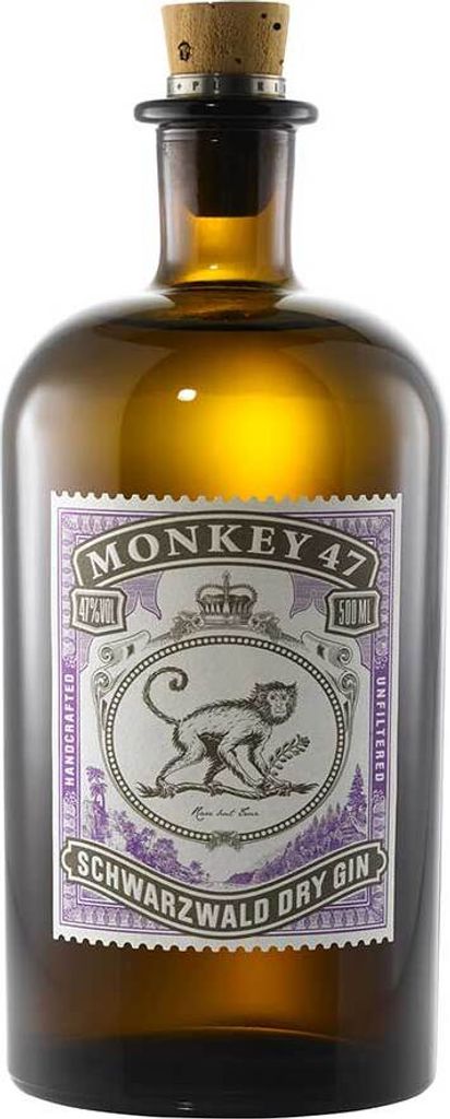 A bottle of Monkey 47 Schwarzwald Dry Gin against a white background.