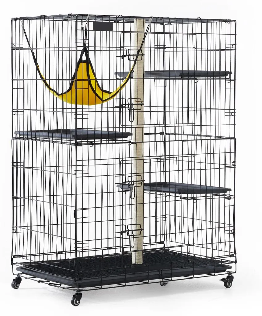 Enclos pour chats noir à plusieurs étages avec roulettes pivotantes