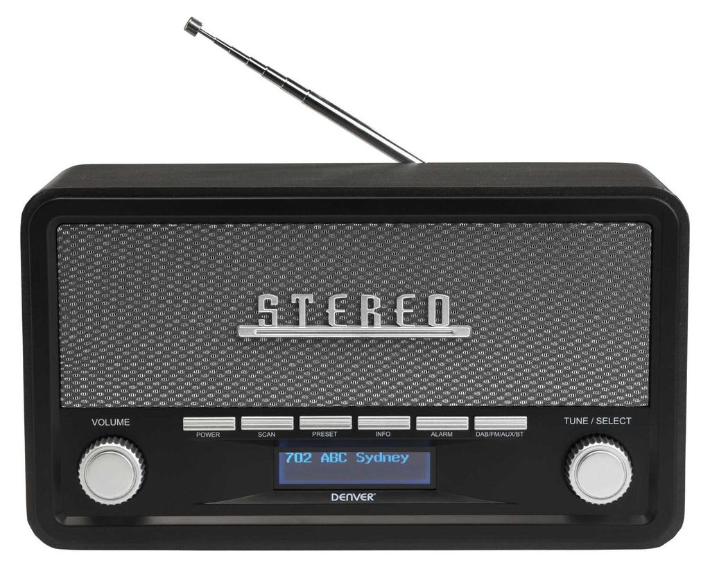 A black DAB radio with a silver speaker grille and antenna, shown from the front.