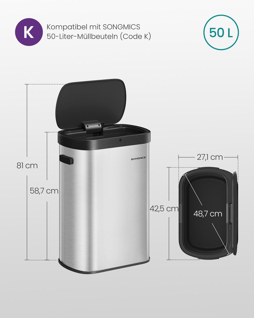 Mülleimer mit Sensor, automatischer Abfalleimer 50 L