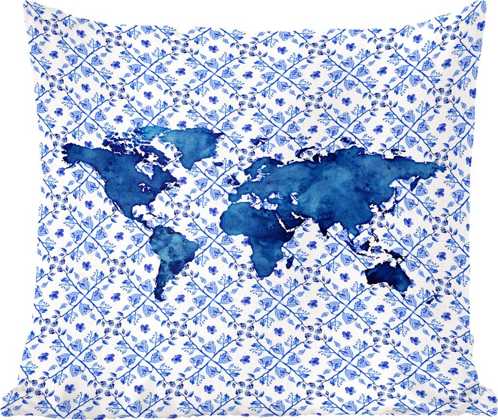 MuchoWow Zierkissen Sofakissen Wohnzimmer Dekokissen 60x60 cm Karte - Welt - Delfter Blau - Sitzfläche - Foto Polster