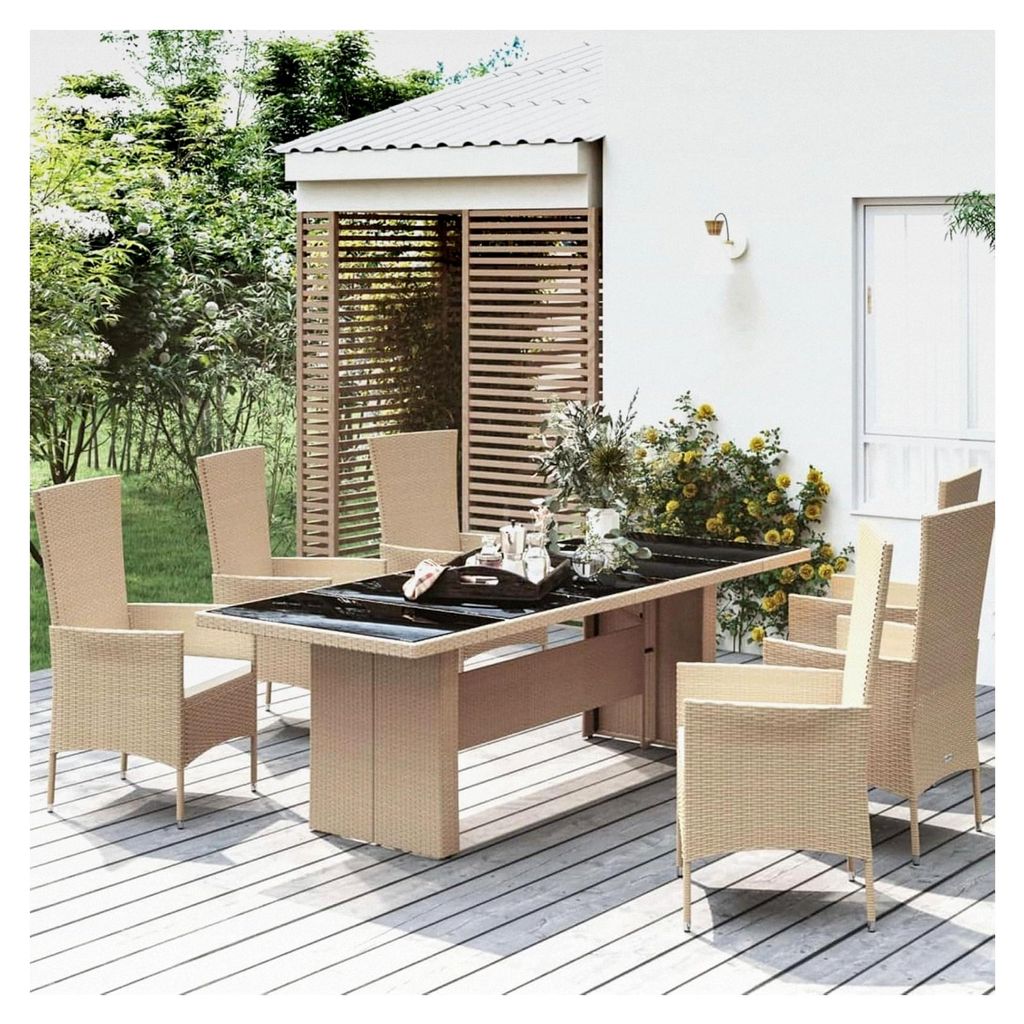 Gartentisch mit Glasplatte aus Beige Poly Rattan und Hartglas
