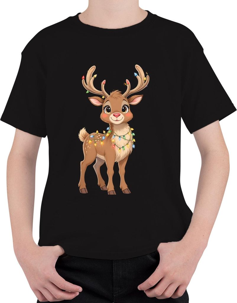 Weihnachtsrentier Lichterkette niedlich Cartoon Kinder Geschenk Uni Kinder T-Shirt, Schwarz, 116