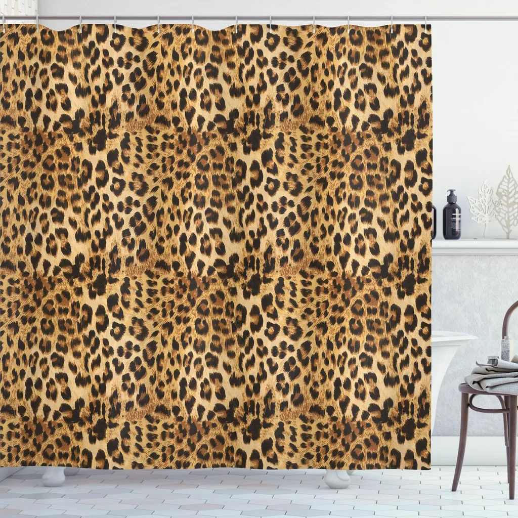 Rideau de douche textile marron motif safari africain pour grande douche