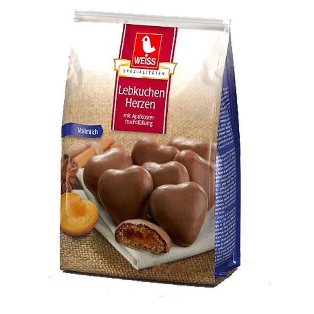 A bag of chocolate-covered gingerbread hearts with apricot filling.