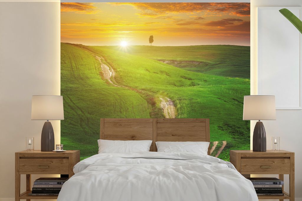 MuchoWow Fototapete für Wohnzimmer oder Schlafzimmer Wandtapete Vinyl Motivtapete Toskana - Sonne - Hügel - 240x240 cm - Schlafzimmer-Tapete
