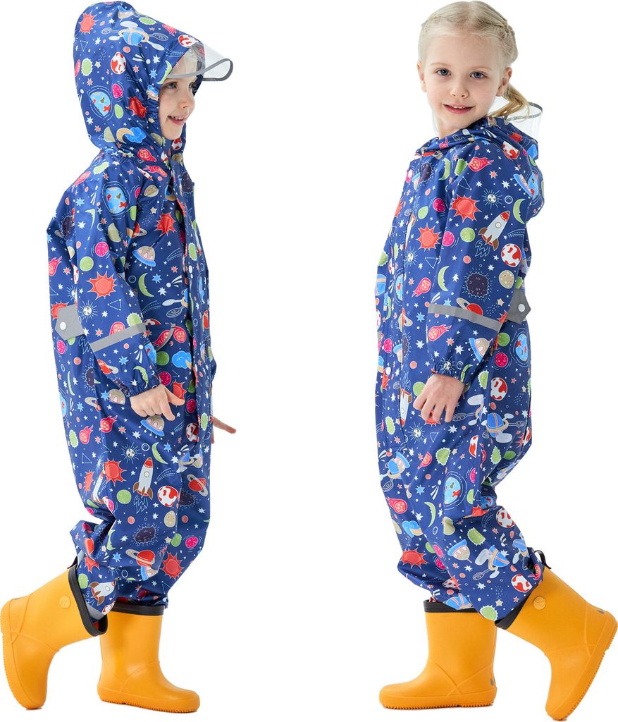 Regenmantel Atmungsaktiv Wasserdicht Kinder Mädchen Jungen Kapuze Leicht Regenanzug Einteiliger Outdoor Regenponcho Overall Regenjacke 90-110cm