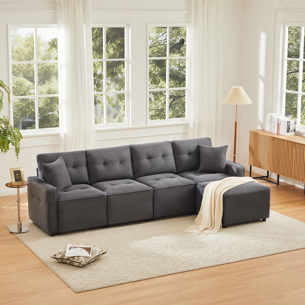 Merax 4-Sitzer Sofa, Cord-Sofa mit Stauraum, Flexibler Hocker und bequemer Kaltschaum-Polsterung, Polstersofa, für Apartment & Wohnzimmer, Grau