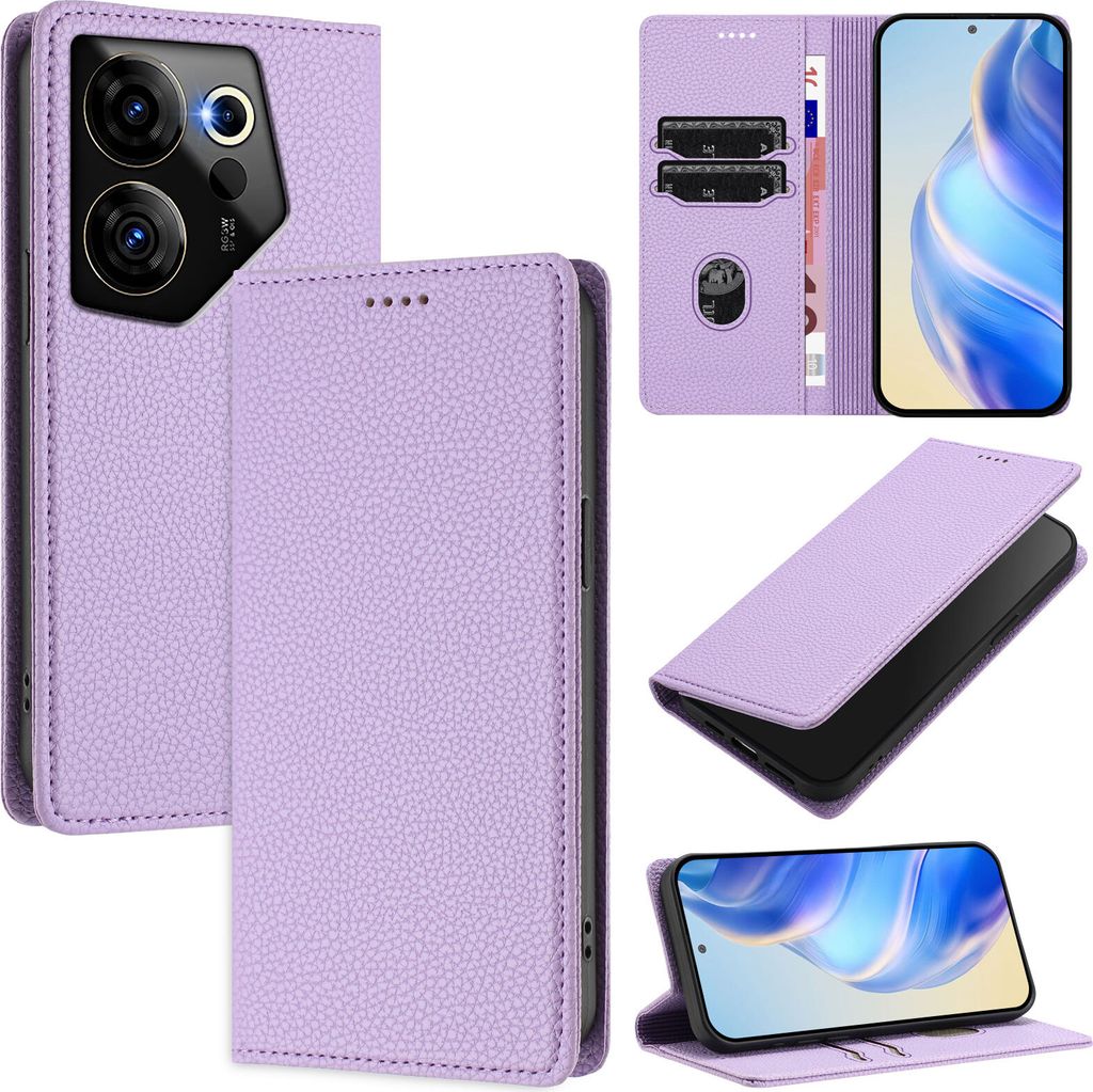 Litchi Leder Handyhülle für Tecno Camon 20 Premier 5G Wallet Kartenfächer Standfunktion Hülle Violett