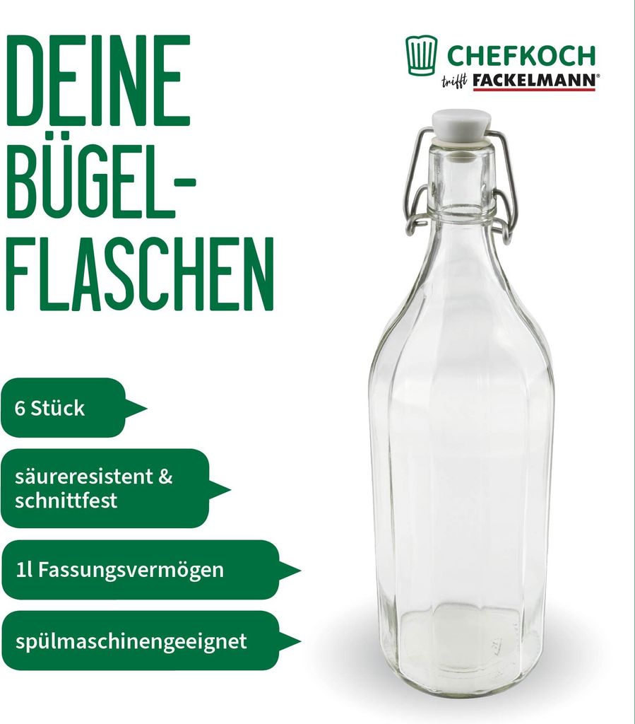 Chefkoch trifft Fackelmann Hochwertige Bügelflasche 1000 ml, Glas, Transparent, Spülmaschinengeeignet, für selbstgemachte Dressings, Säfte & Ö...