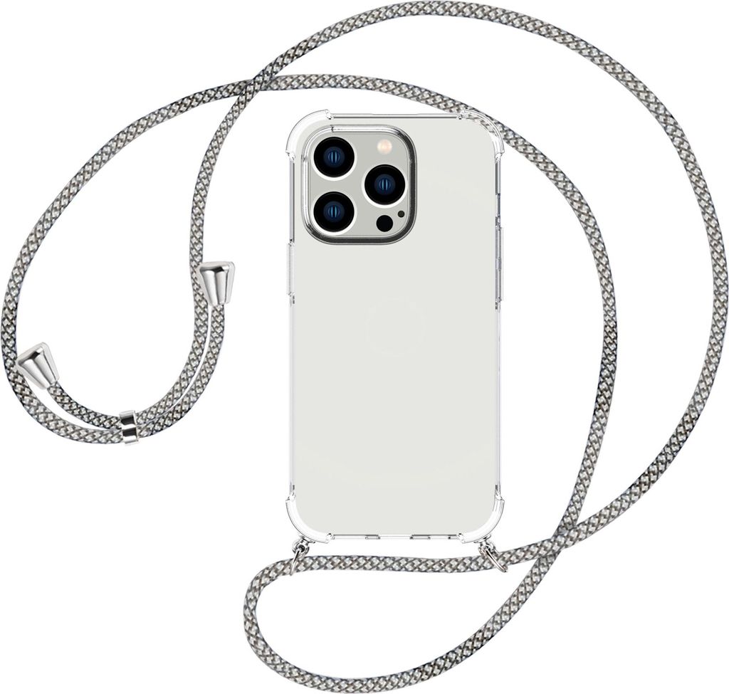 Handykette Backcover-Schutzhülle mit Band (Metall silberfarben) für Apple iPhone 15 Pro Max - weiß/grau kariert