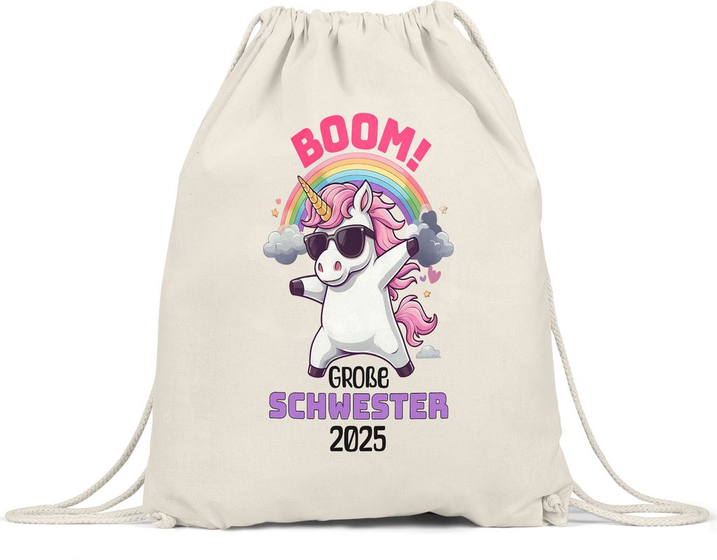 Boom Große Schwester 2025 Turnbeutel Geschenk Einhorn Geschwister Geburt Überraschung Freude Party