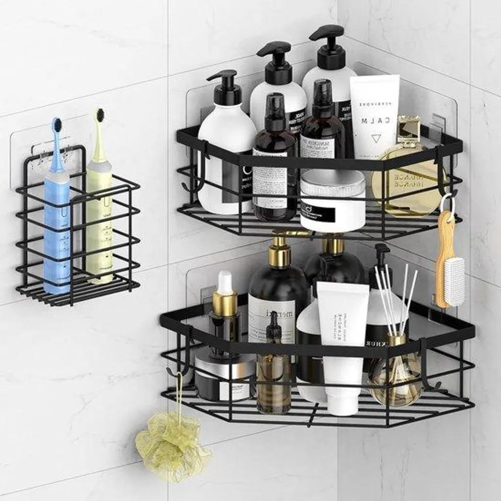 Rangement douche d'angle noir mat - Caddy autocollant en inox inoxydable