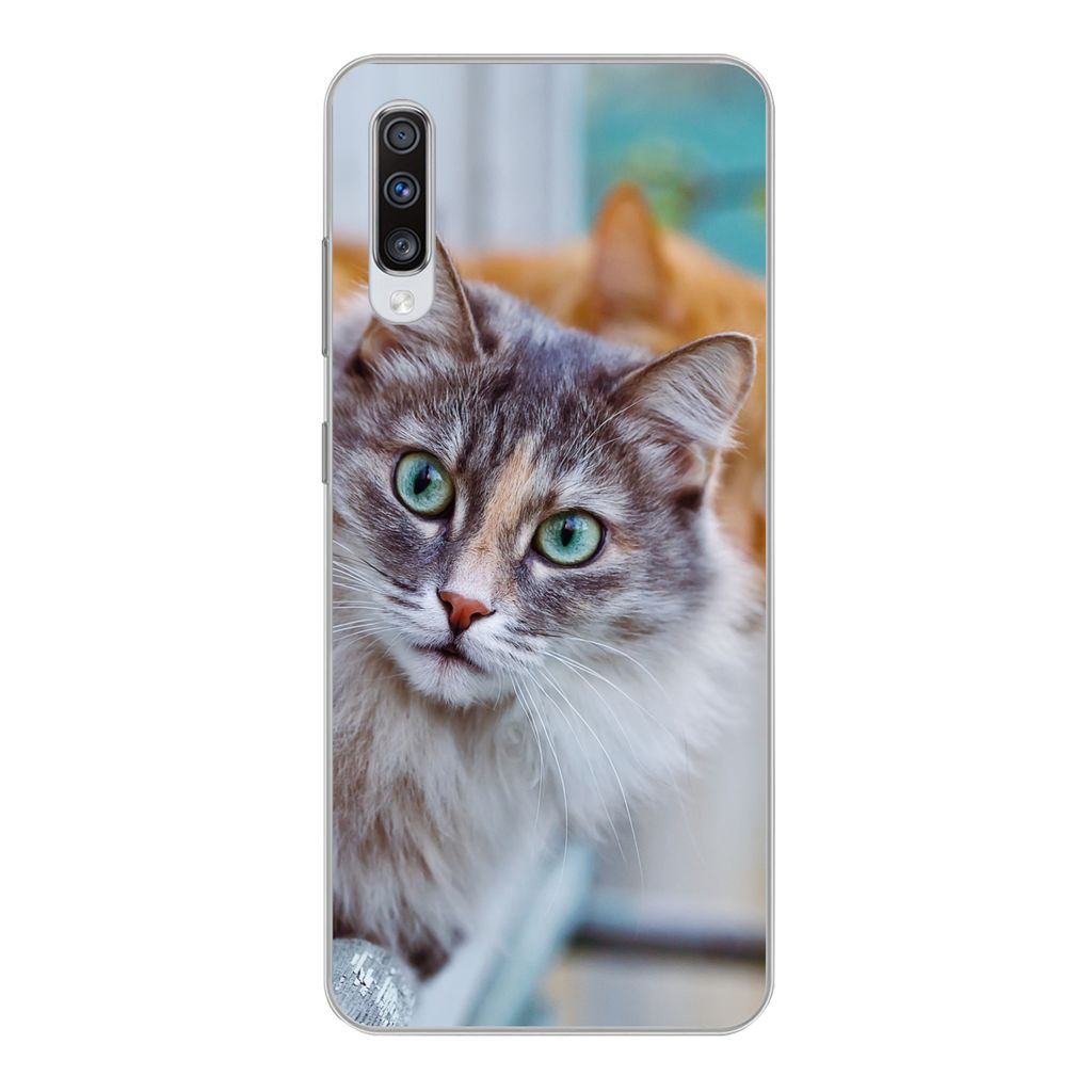 MuchoWow Handyhülle Schutzhülle Hülle für Samsung Galaxy A70 Katze - Fenster - Katzen Silikon Softcase Handy Hülle - Schutzhaube