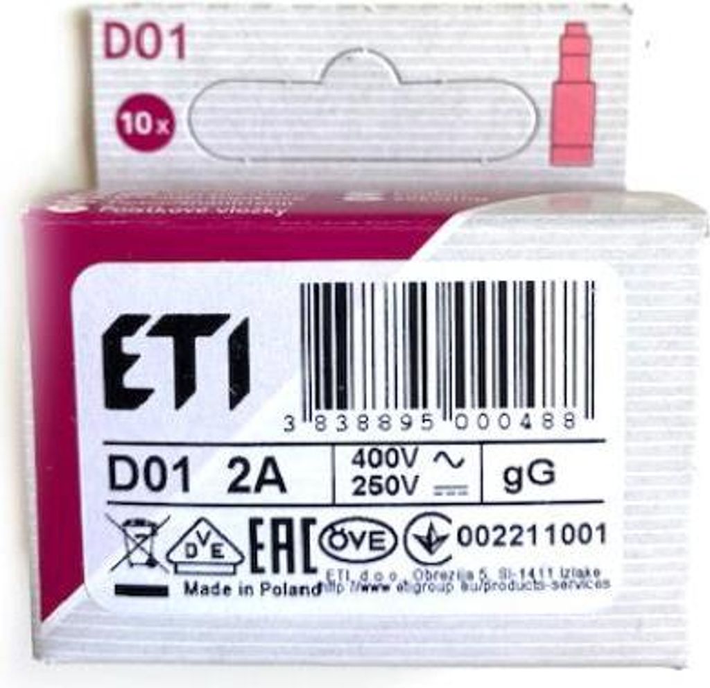 Sicherungseinsatz D01 gG 2A 400V ETI 002211001