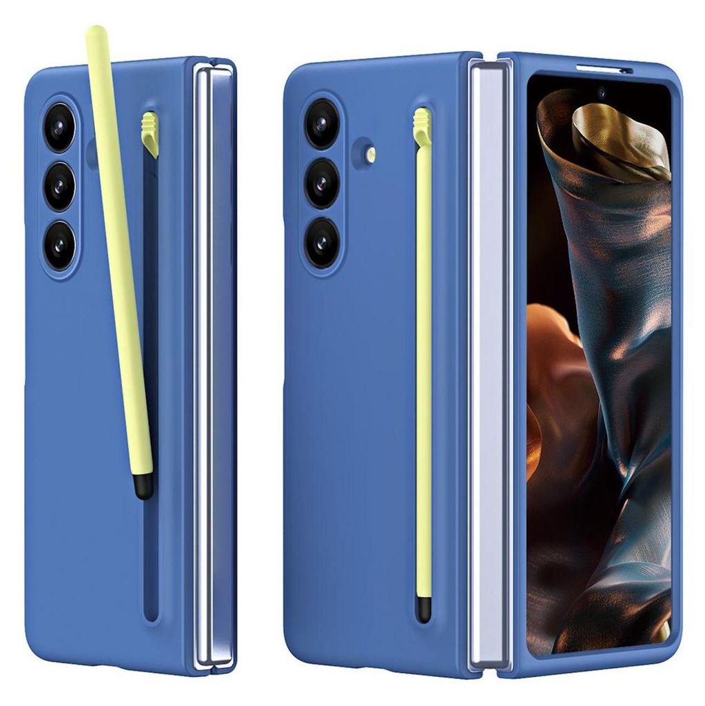 A blue phone case with a yellow stylus holder is shown from two angles.