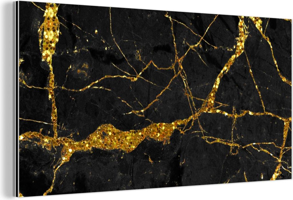 MuchoWow Wanddekoration Metall Metallbild Wandkunst 120x60 cm Marmor - Gold - Schwarz - Marmoroptik - Luxus - Glitzer MuchoWow Aluminium Gemälde -...