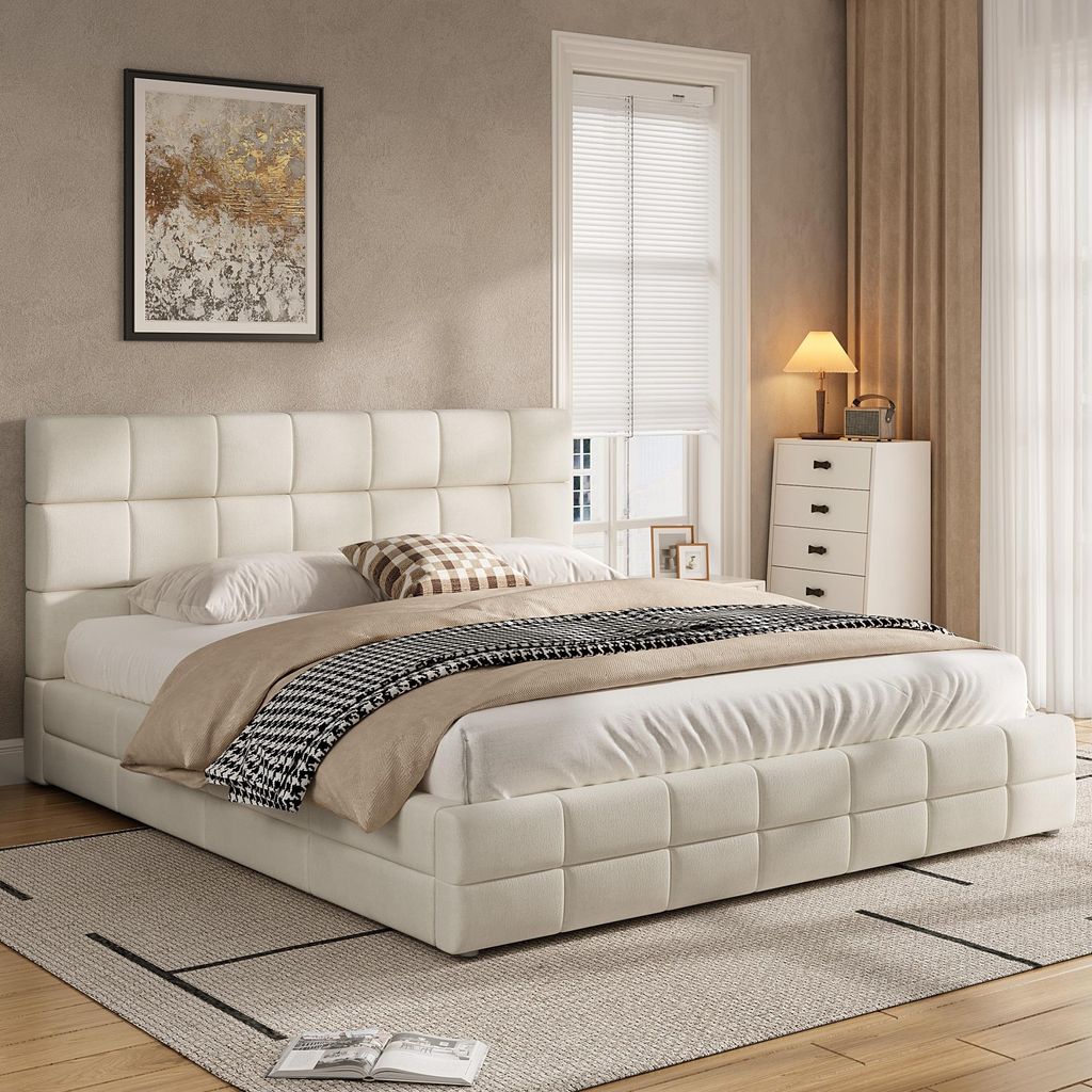 okwish Polsterbett 180×200 mit komfortablem Kopfteil, Doppelbett Schlichtes Quadrat-Design, Jugendbett in Beige, ohne Matratze
