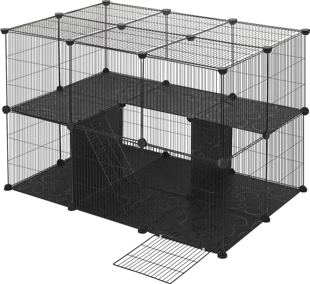 Parc intérieur modulaire pour animaux en fer noir avec deux niveaux