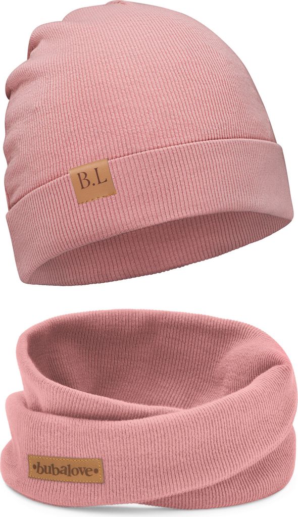 Bubalove | Kinder Beanie Mütze | Loop Schal | SET | Hellrosa | 46-52 cm | Frühling | Kindermützen für Jungen und Mädchen